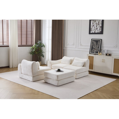 Canapé modulaire pliable Wave Star, tissu chenille pour le salon et la chambre à coucher, mobilier créatif confortable à extension instantanée avec 1 siège central, 1 repose-pieds et 1 chaise longue, blanc.