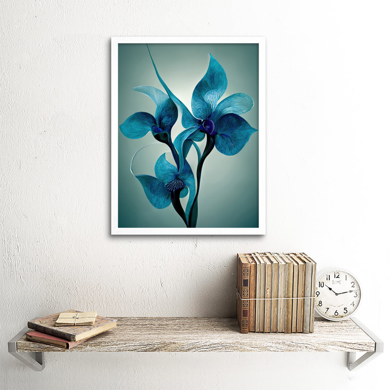 Elegant Teal Blue Orchid Flowers - Print, White Framed Paper, 43cm H x 33cm W