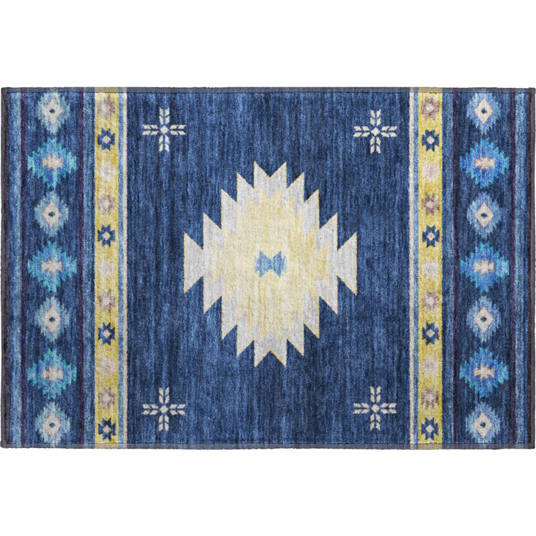 Premium Machine Washable Yamen AMF179 Spice Rug in , Blue