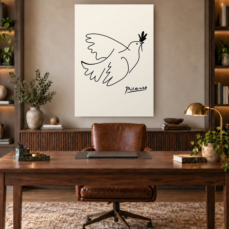 Dessin minimaliste de colombe noire au trait, art mural neutre sur toile, 18" H x 12" W