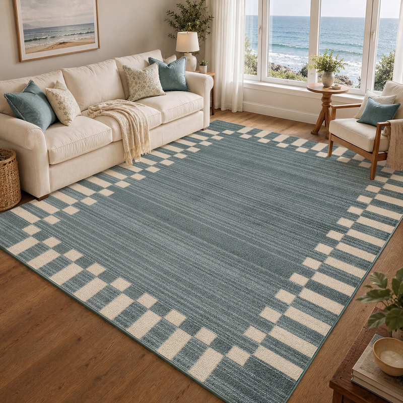 Fifth Avenue Check Border Rug, Blue,Off-White, Rectangle 200 x 275 cm