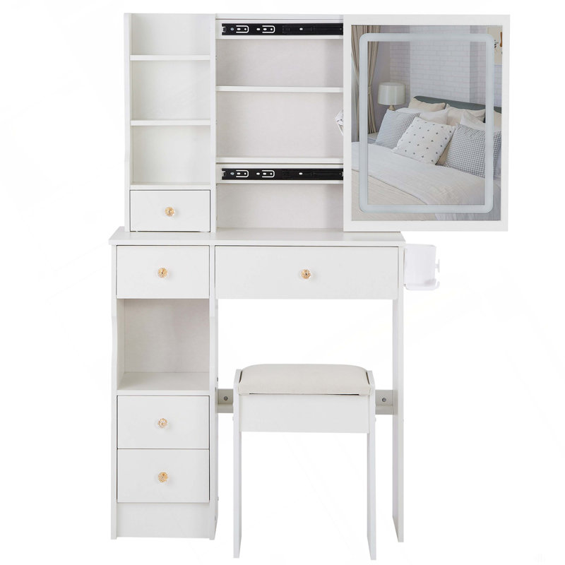 29.2" Small Size Left Drawer Desktop Vanity Table   Cushioned Stool, 2 AC 2 USB Power Station, Hair Dryer Bracket, Extra Large Touch Control Sliding LED Mirror, Tri-Color Switching, Brightness Adjust