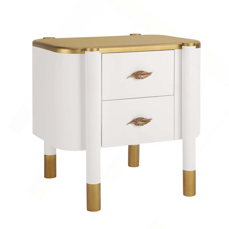 Contemporary 2 Drawers Nightstand With Curved Profile, Feather-Shaped Handles And Exposed Legs For Bedroom Living Room, White