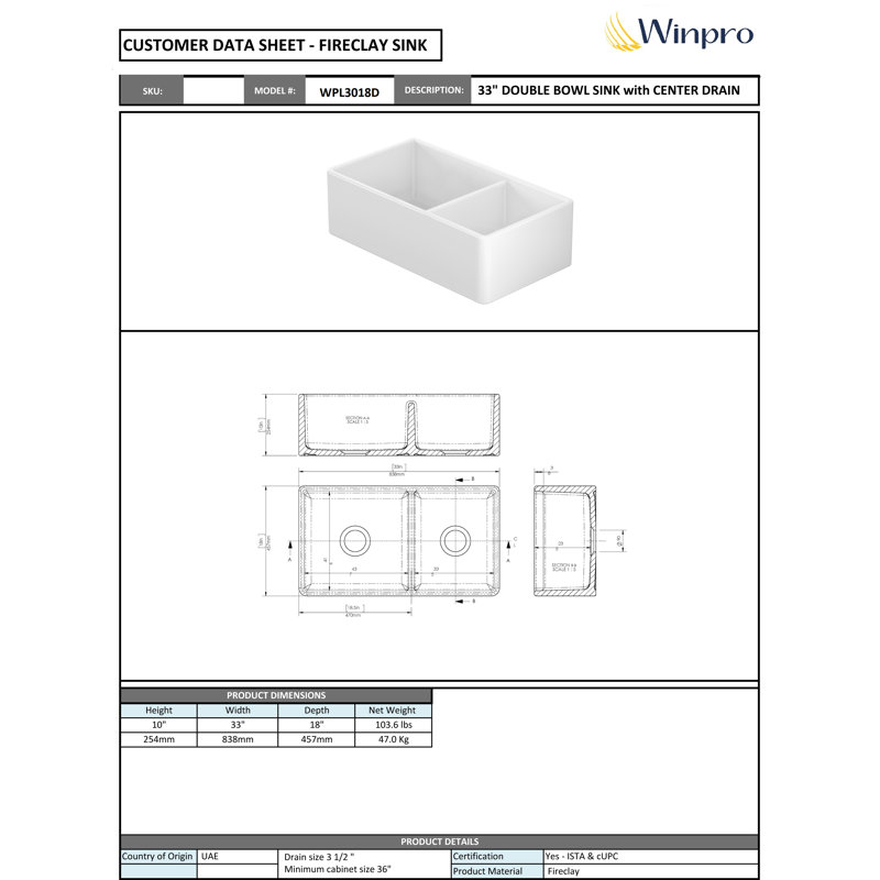 33'' L Double Bowl Fireclay Kitchen Sink