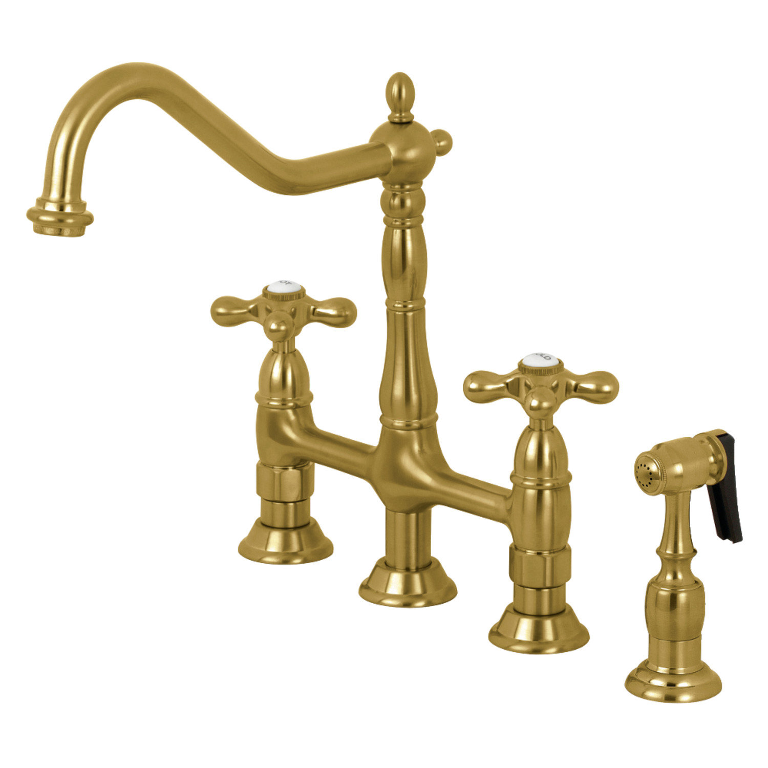 Kingston Brass Heritage Bridge Faucet with Sprayer, Satin Brass