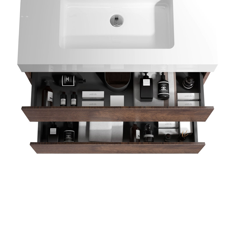 Meuble de salle de bain 24 po en noyer - Meuble-lavabo avec grand rangement, lavabo blanc, tiroirs lisses silencieux, noyer pré-assemblé, lavabo Max, fonctionnement, poignée, sans robinet ni bonde