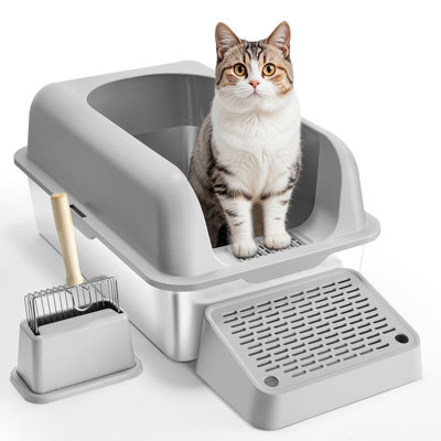 Bac à litière pour chat, très grand bac à litière en acier inoxydable avec pelle, large pied filtrant et côtés hauts, bac à litière fermé, sans odeur et facile à nettoyer, adapté aux grands chats