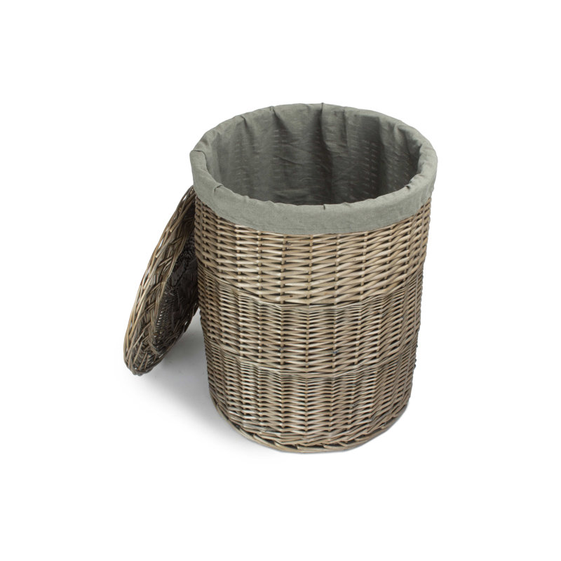 Wicker Round Laundry Basket with Grey Sage Lining, 60cm H x 46cm W x 46cm D, Antique/Grey