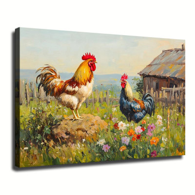 Two Roosters In Country Wildflower Farm Field Oil Painting, Large Gallery Wrapped Canvas Wall Art Print For Living Room Bedroom