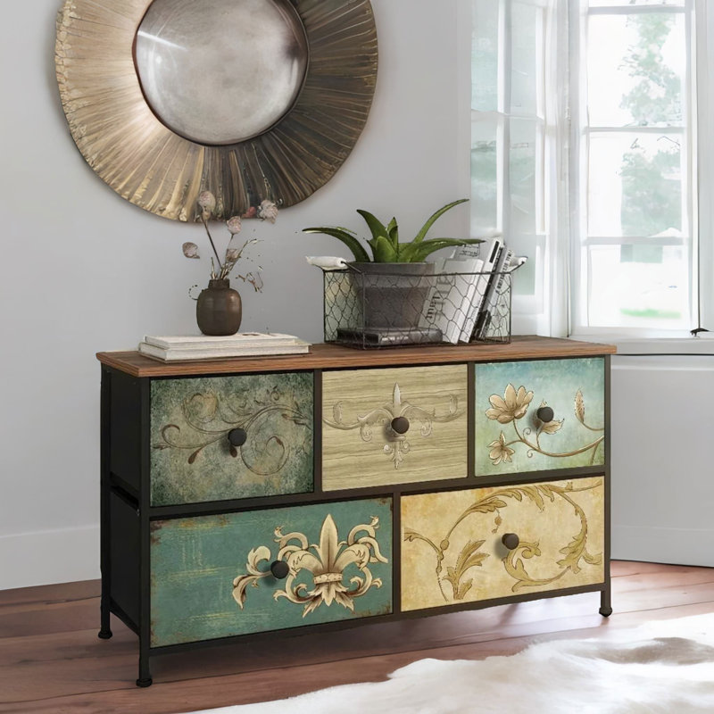 5 Fabric Drawer Bedroom Dresser With Floral Patterns Storage Organiser