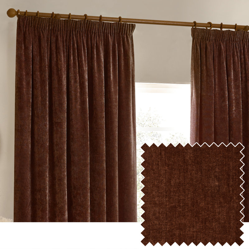Heavy Chenille Room Darkening Pencil Pleat Curtains, Wine Red, 117 W x 137 D cm