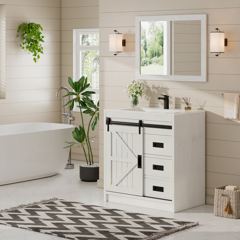 31" Sliding Barn Door Bathroom Vanity with Sink,  Farmhouse Small Single Bathroom Vanity Set, White