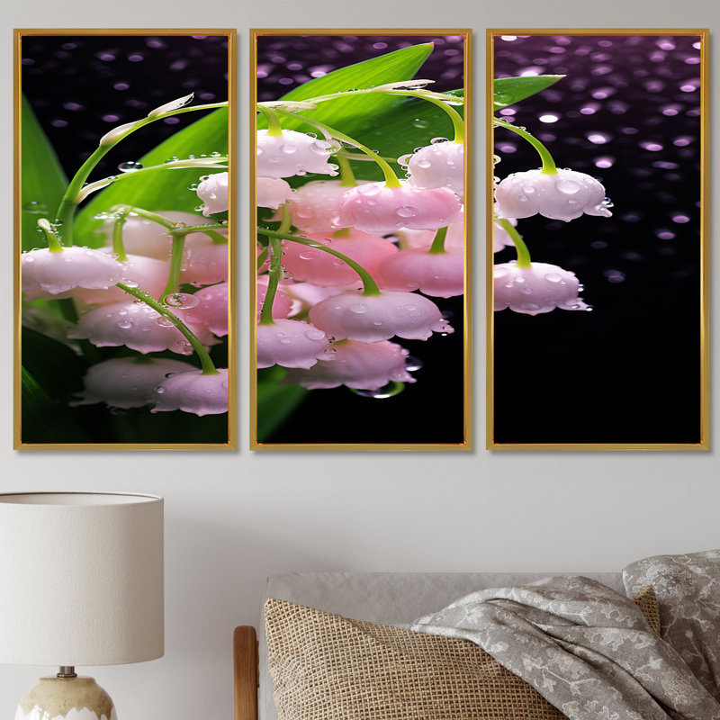 «Pink Lily Of The Valley Flower Morning Bliss» - ensemble de décorations murales Lily, Cadre flottant doré
