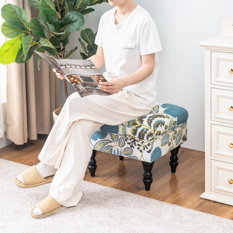 Repose-pieds Cauley, Motif floral bleu 100% lin