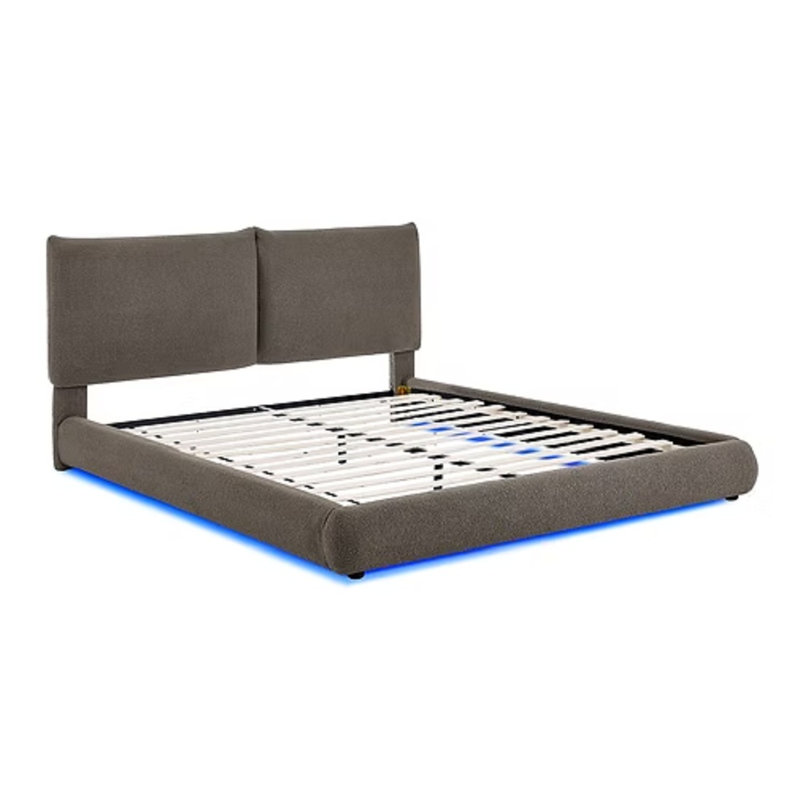 Maryport Modern Teddy Fabric Platform Bed With Led Light, Brown