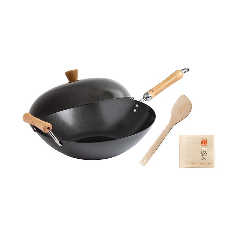 Culinary Basics Wok Pan Carbon Steel Wok with Lid Flat Bottom with Spatula  Large Induction Electric Cooking Top Stir Fry Nonstick 13 inch