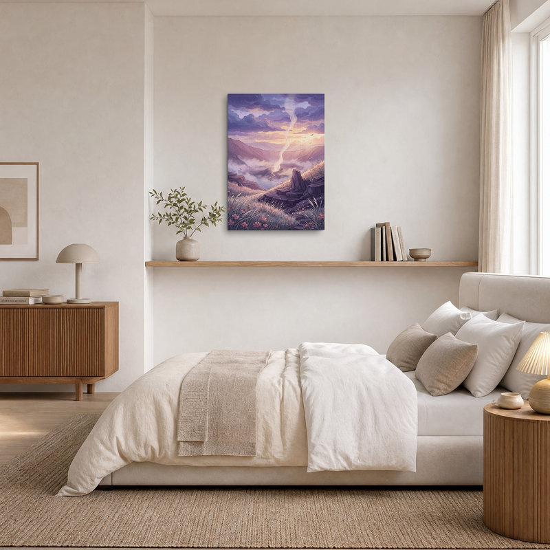 Art sur toile, "Mauve montagne avec fleurs roses", H 30 po x l 20 po