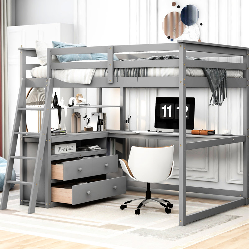 Lit mezzanine simple blanc avec bureau, tablettes et étagère à tiroirs, Lit double