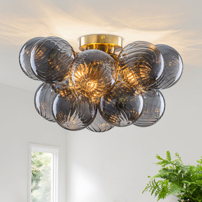 3-Light Dimmable Semi Flush Mount Ceiling Light With Smoky Gray & Colorful Swirled Glass Globe Bubbles