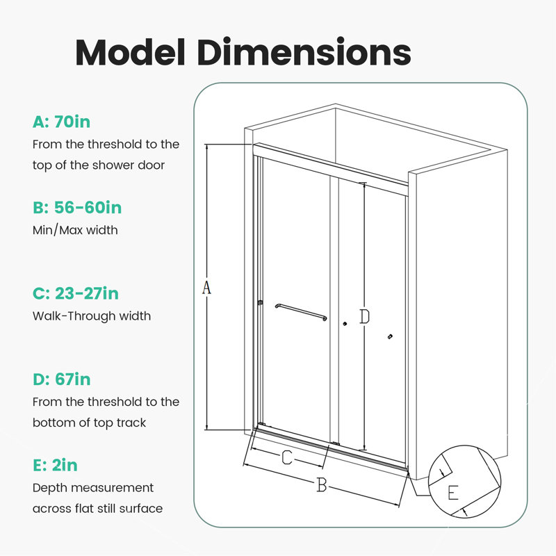 Stylish 56"-60"W*70" H Semi-Frameless Double Sliding Shower Door, Bypass Shower Door, 1/4" (6Mm) Thick SGCC Tempered Glass Door