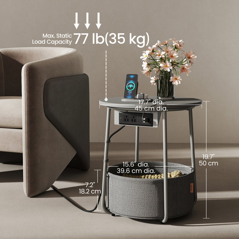 Side Table With Charging Station, Dove Gray/Slate Gray