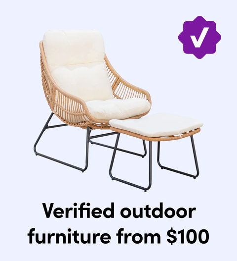A wicker-style outdoor lounge chair and matching ottoman with white cushions and a purple Verified badge from $100.