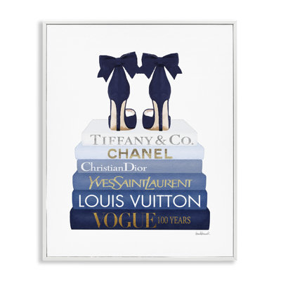 Navy Blue Bow Heels Chic Glam Bookstack XXL Stretched Canvas Wall Art By Amanda Greenwood