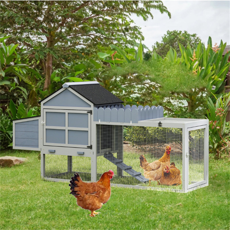 79.92 Inches Long Outdoor Chicken Coop, Fence With Pull-Out PVC Tray, Chicken Coop With Chicken Nest, Runway, Lounge, Ramp, Gray