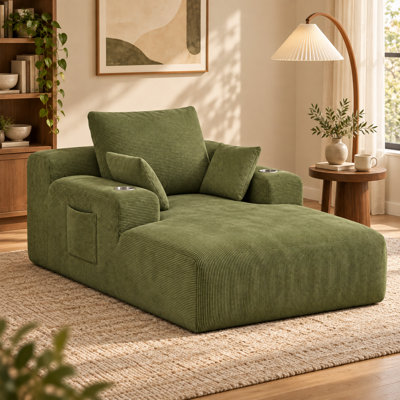 Chaise longue surdimensionnée Velquorisse de 182 cm (71,7 po) en velours côtelé avec deux porte-gobelets, une poche de rangement, des coussins et aucun assemblage requis
