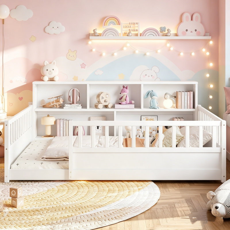 Lit pour tout-petits avec tablettes de rangement, lit en bois massif avec garde-corps de sécurité et support à lattes, cadre de lit pour enfant à profil bas, aucun sommier nécessaire pour les garçons et les filles