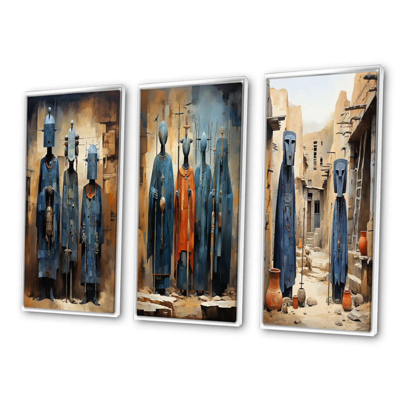 «Tribus d'Afrique Dogon Mali II», 3 pièces sur toile, Cadre flottant blanc, H 28 po x l 36 po