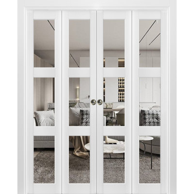 Sliding Closet Double Bi-Fold Doors | Lucia 2555 With Clear Glass | Sturdy Tracks Moldings Trims Hardware Set | Wood Solid Bedroom Wardrobe Doors