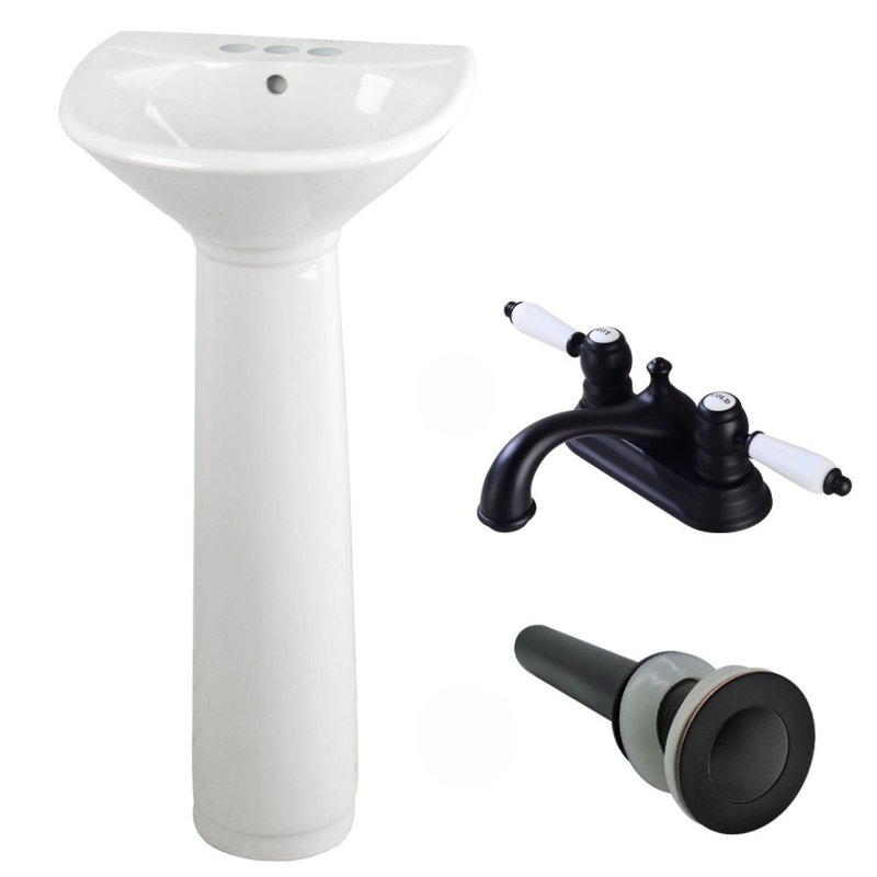 Petit lavabo sur pied blanc Ondine avec robinet noir de 4 pouces et drain