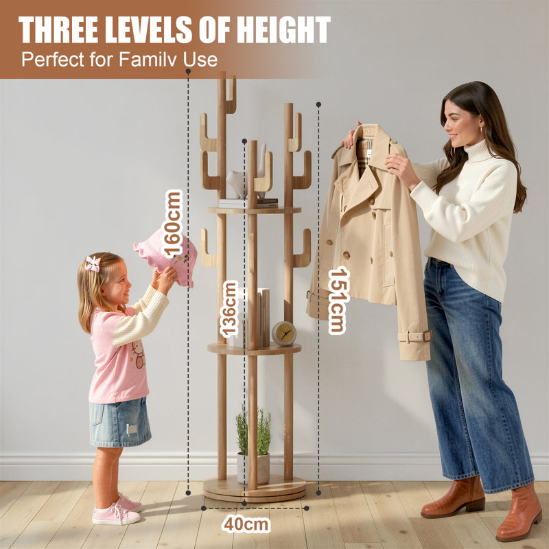 Solid Wood Freestanding 9 - Hook Coat Rack