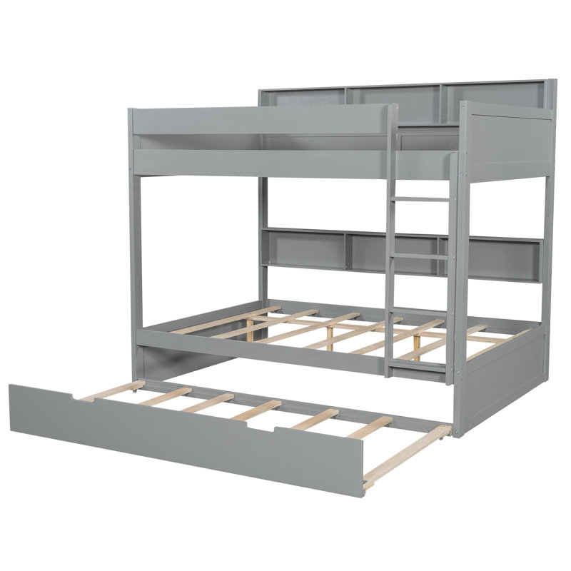 Lit superposé en bois avec lit gigogne et tablettes de rangement intégrées Nelson, Gray, Lit superposé double sur double
