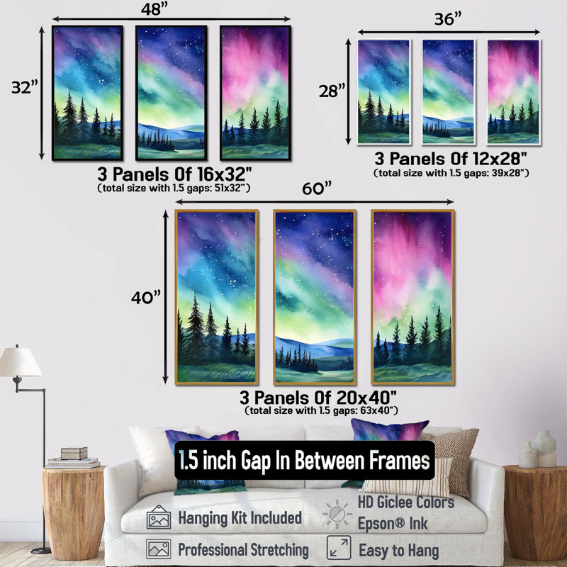 «Pastel Aurora Borealis Scenery II», ensemble d'art mural sur toile Aurora Borealis, Cadre flottant blanc