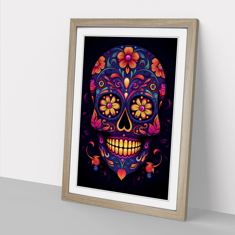 Sugar Skull Minimalism - Single Picture Frame Print on Wood, 46cm H x 34cm W x 2cm D, Oak