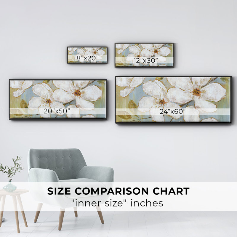 White Blossoms- Framed Canvas, 8" H x 20" W