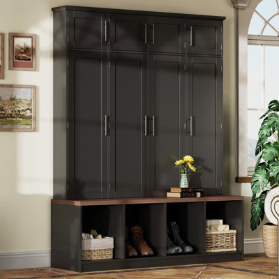 Arbre d'entrée avec 4 crochets cachés, banc polyvalent en noyer avec 8 portes, armoire à chaussures avec compartiment ouvert pour le salon