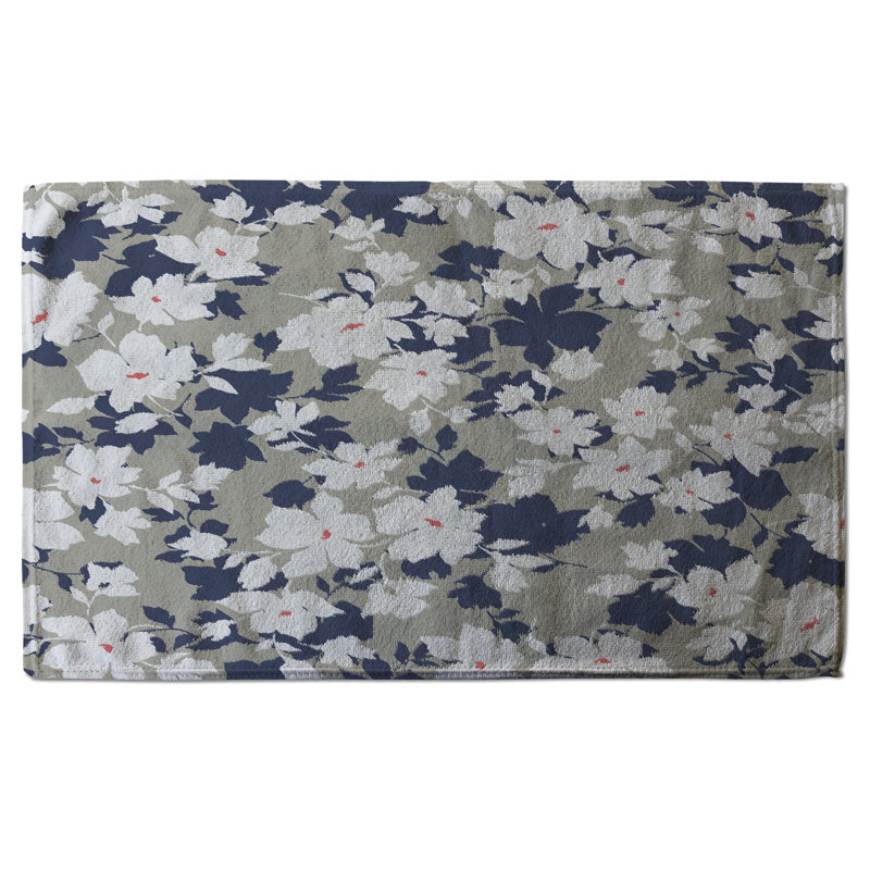 Cotton Floral Waffle Tea Towel Kitchen Towel, White/Navy/Grey