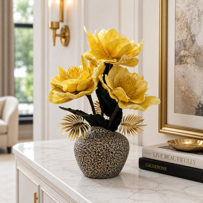 Grand vase en céramique brun avec arrangement floral artificiel jaune, décoration rustique moderne, 17 x 42 cm