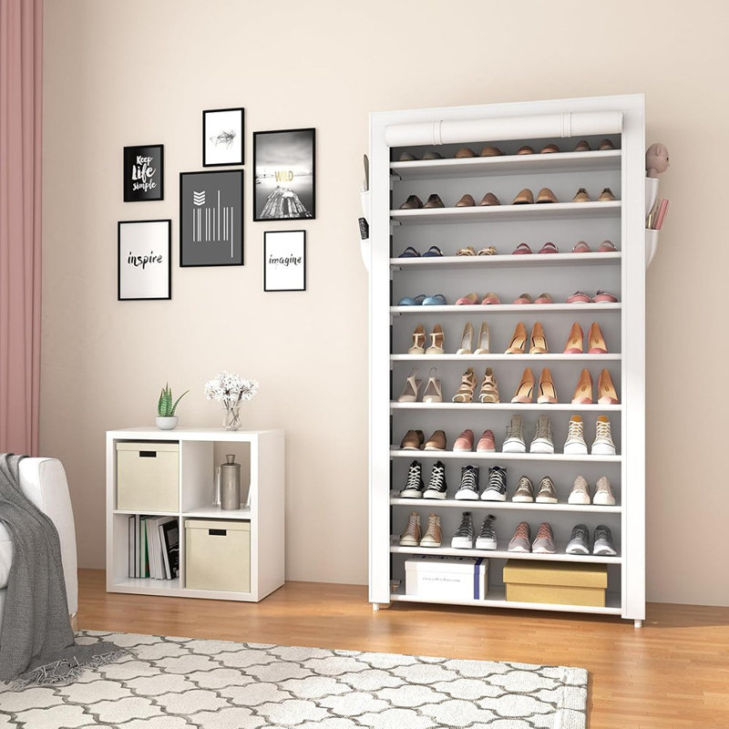 Range-chaussures blanc à 10 niveaux avec housses - Grand organisateur autoportant pour 50 à 55 paires dans le placard, le vestibule ou la chambre à coucher