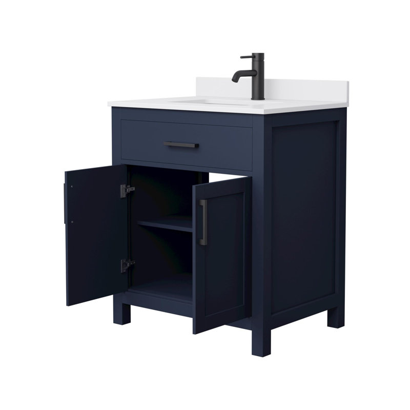 Meuble-lavabo simple autoportant 30 po avec plateau en marbre Beckett, Bleu très foncé, Noir mat, Marbre de culture blanc
