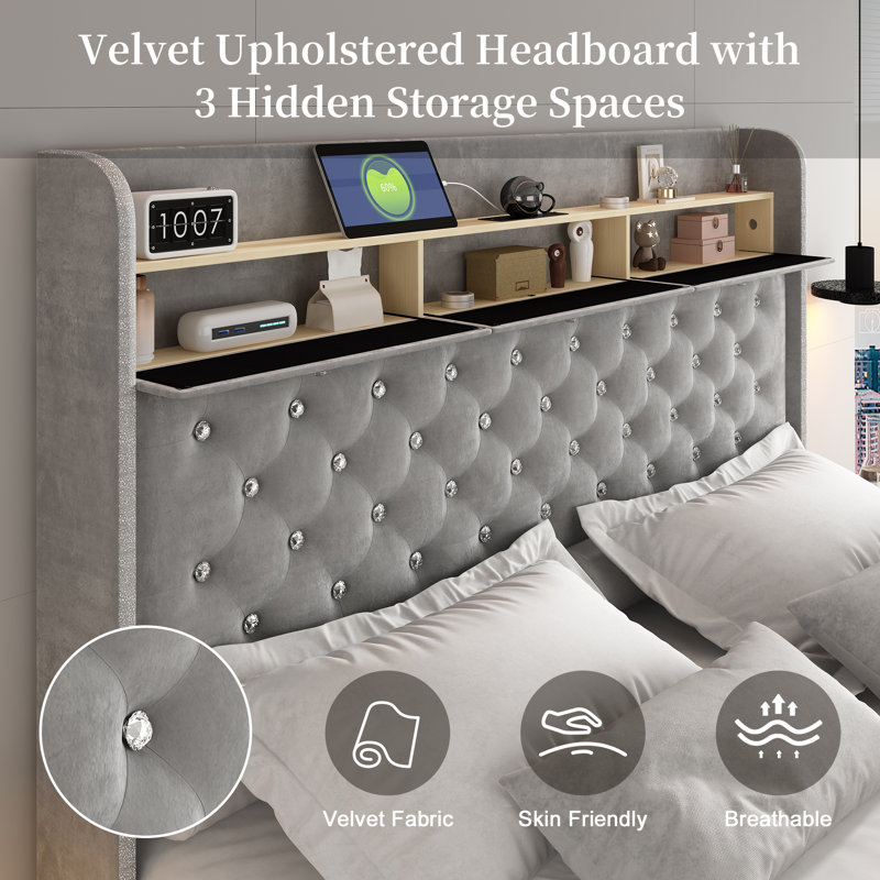LED Bed Frame with 52" Crystal Button Tufted Upholstered Headboard, Galaxy Projector & Charging Station, Queen, Grey