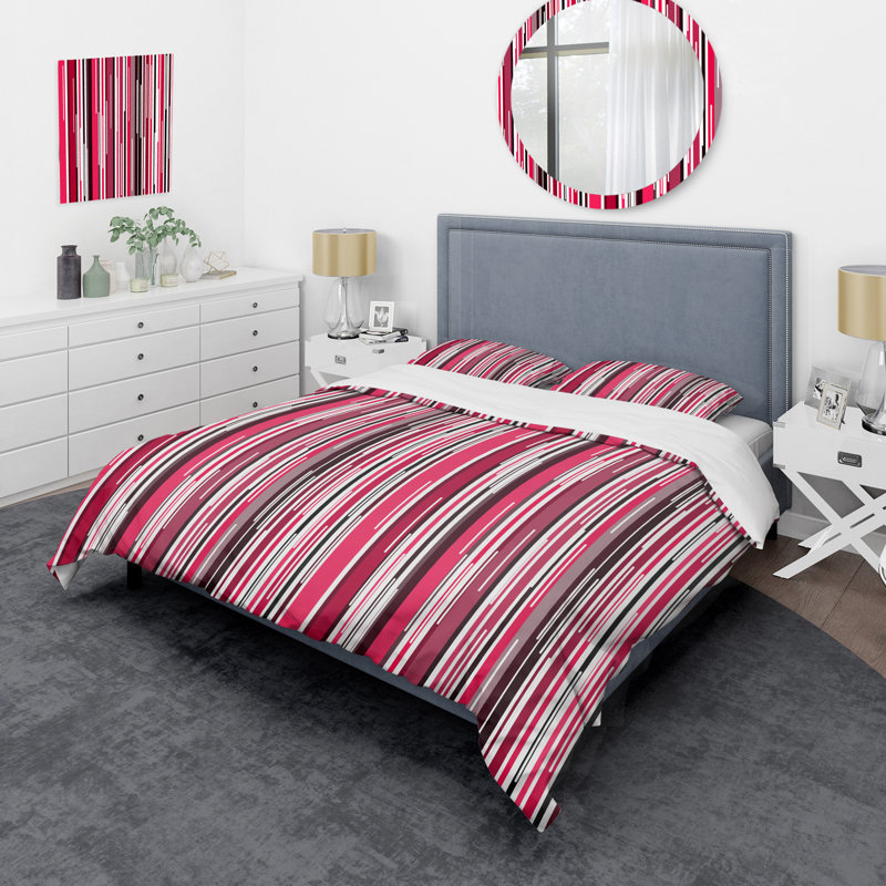 White and Red Striped Pattern - Abstract Duvet Cover Set - Microfiber Polyester