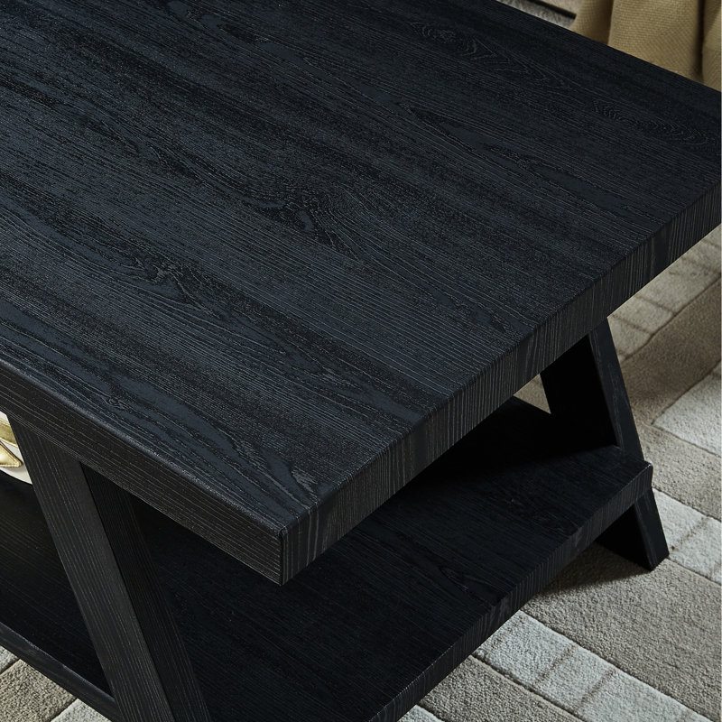 Black Finish Contemporary Wood Table - Hard Veneer Top & Convenient Shelf End With For A Stylish Decor, Black, Black