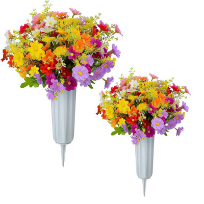 Assorted Color Artificial Daisy Bouquet With Vase - Memorial Silk Flowers For Grave & Headstone, Spring Summer Cemetery Decoration