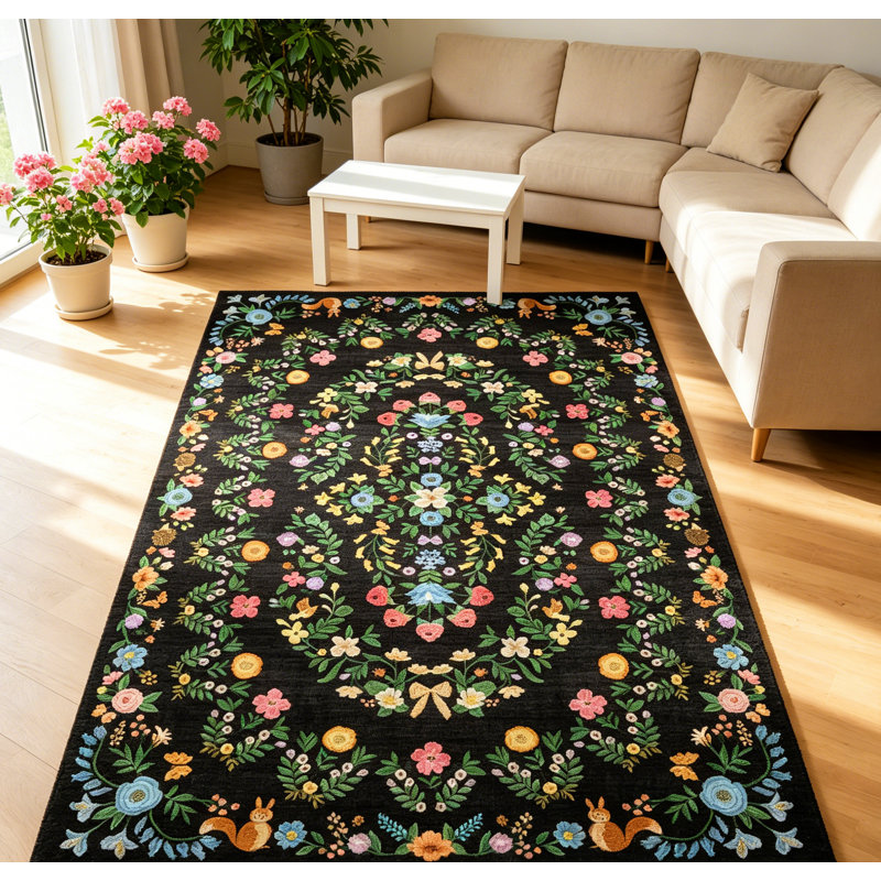 Tapis rétro taupe lavable pour l'intérieur, Black, Runner 2' x 6'