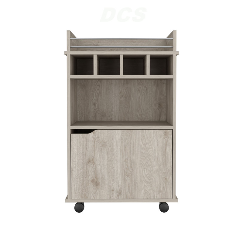 Modern Bar Cart with 2 Open Shelves  4 Cubbies and Cabinet, Beige