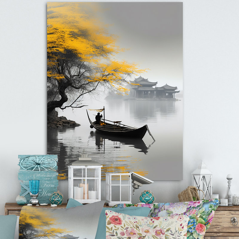 Art asiatique, bateau jaune, monochrome, H 32 po x l 16 po x P 1 po, Toile tendue